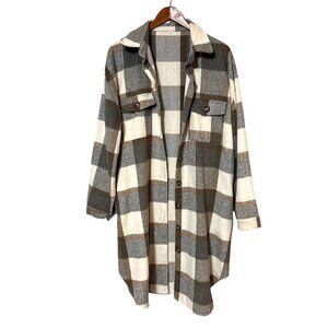 Plaid Button-Up Longline Shirt Jacket XXL Beige & Gray Casual Outerwear